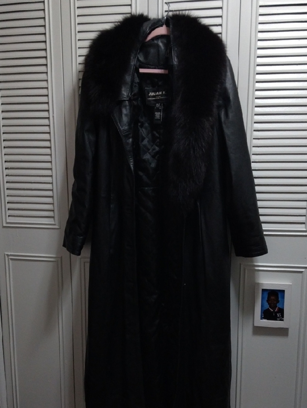 Women's Black Long Leather Trench Coat with Fur Collar